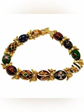 Joan Rivers Signed Enamel Bracelet – 8" Gold Tone Figural Link Bracelet